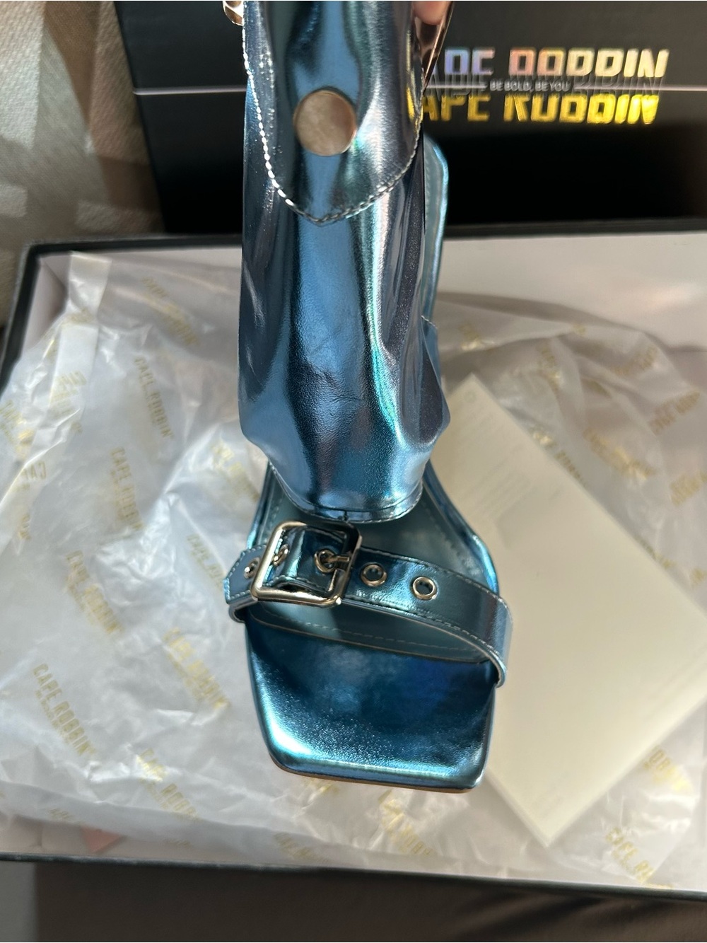 Cape Robbin Metallic Teal Square-Toe Buckle Heel Sandal